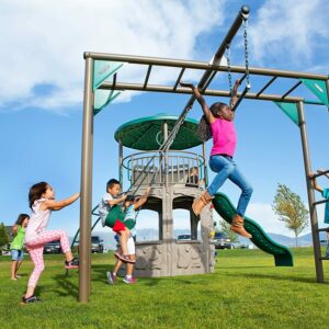 lifetime adventure tower swing set with kids playing happily