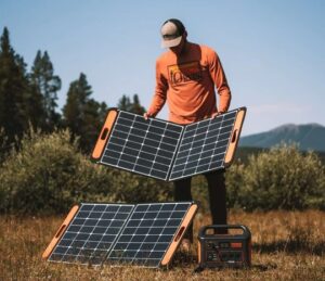 man laying portable solarsaga solar panels